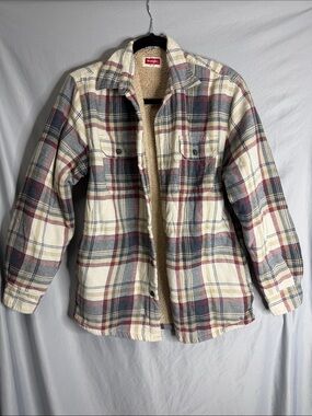 Wrangler Plaid Sherpa-Lined Jacket in Cream, Gray & Burgundy